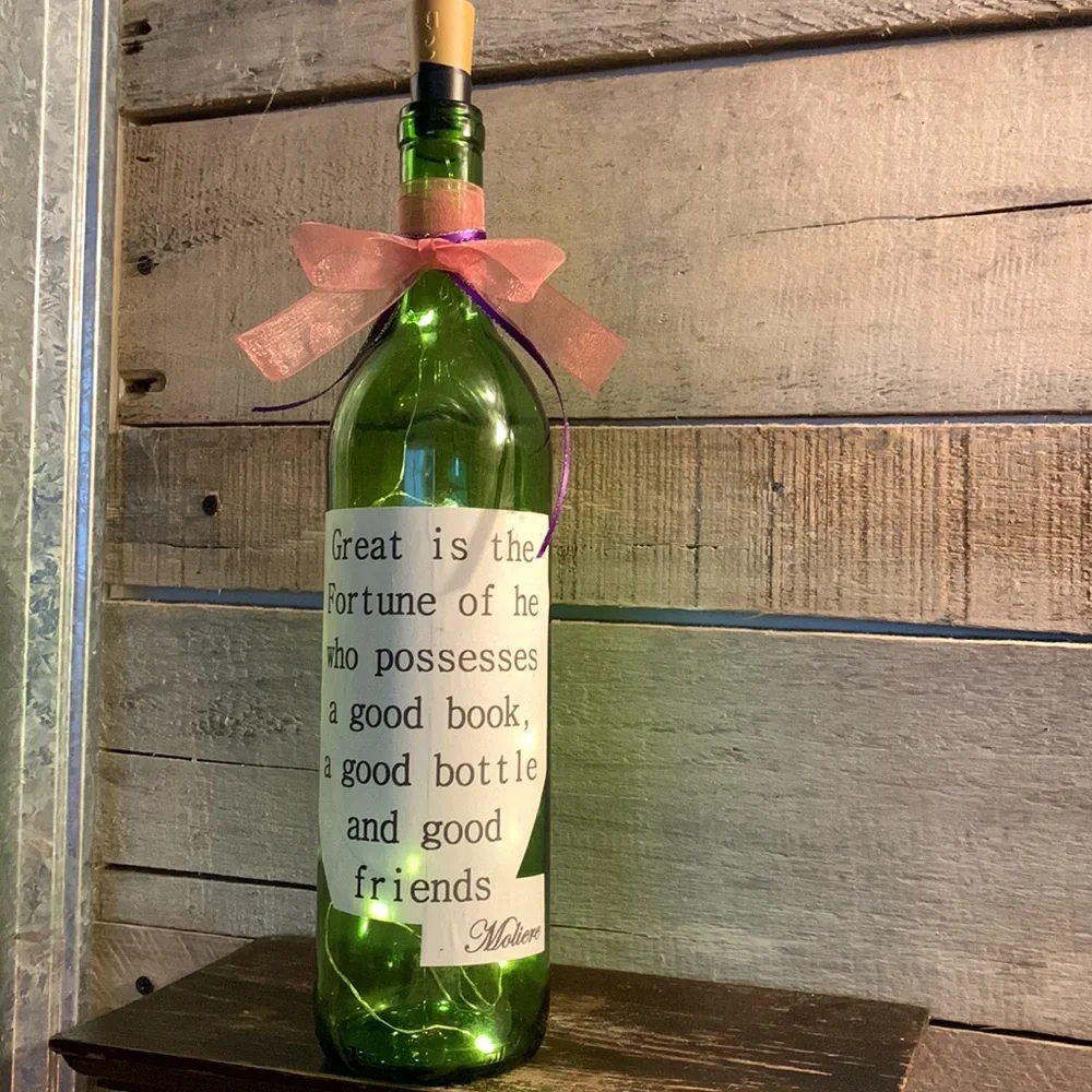 Handcrafted, upcycled Green Wine Bottle lantern with decoupage Monier quote